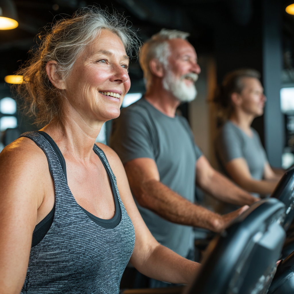 mature adults exercising together in modern fitness facility