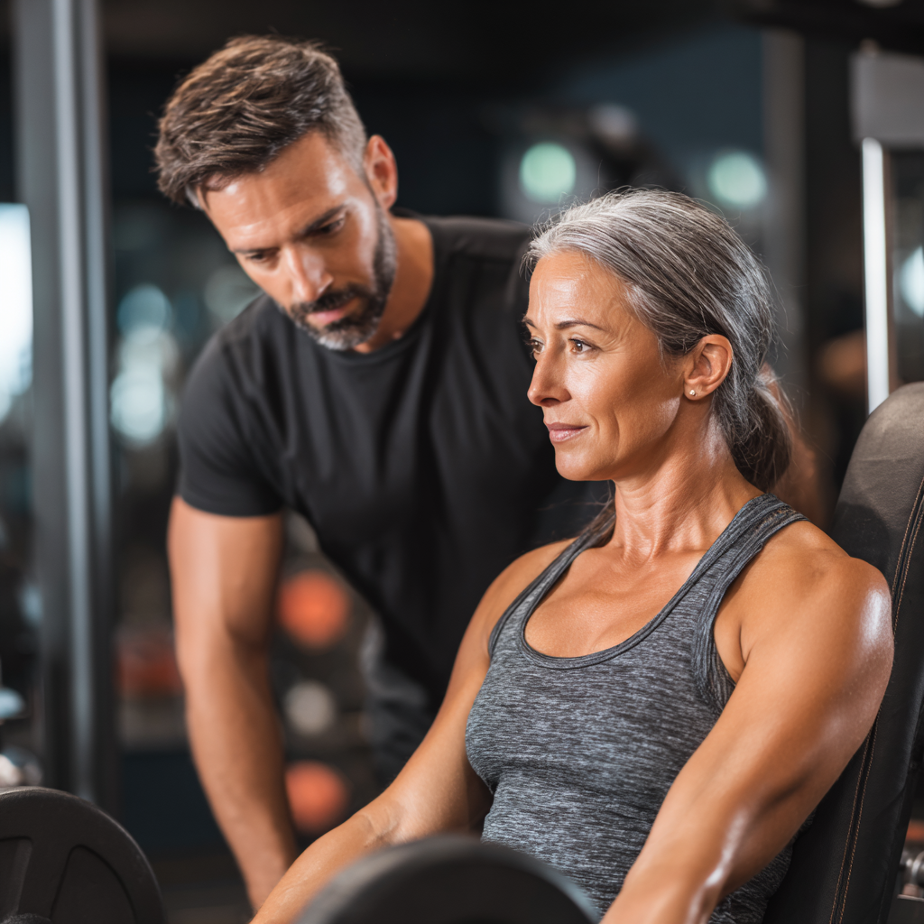 professional fitness trainer working with mature client in gym setting